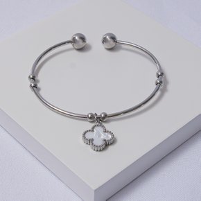 02 bracelete aro liso aco inox prateado com trevo branco