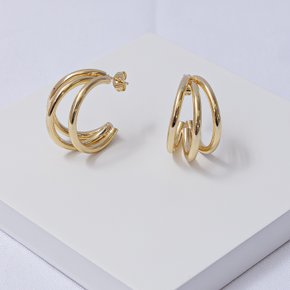 02 brinco aco inox dourado argola 3 fios lisos