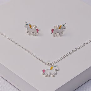 03 conjunto folheado a prata colar e brinco unicornio