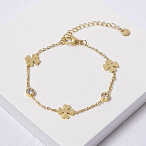 01 pulseira feminina aco inox dourada trevos e zirconias