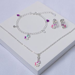 242811 conjunto de joias colar e brinco pulseira infantil unicornio folheado a prata joias hipoalergenica