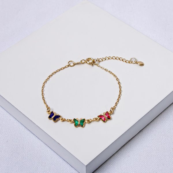 227172 pulseira infantil pulseira com borboleta pulseira folheada a ouro pulseira com cristais coloridos pulseira delicada