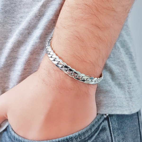 244514 pulseira masculina pulseira de aco inox pulseira prateada pulseira masculina aco inox pulseira elo achatado