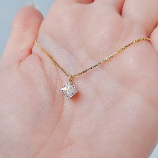 02 colar folheado a ouro ponto de luz zirconia quadrada