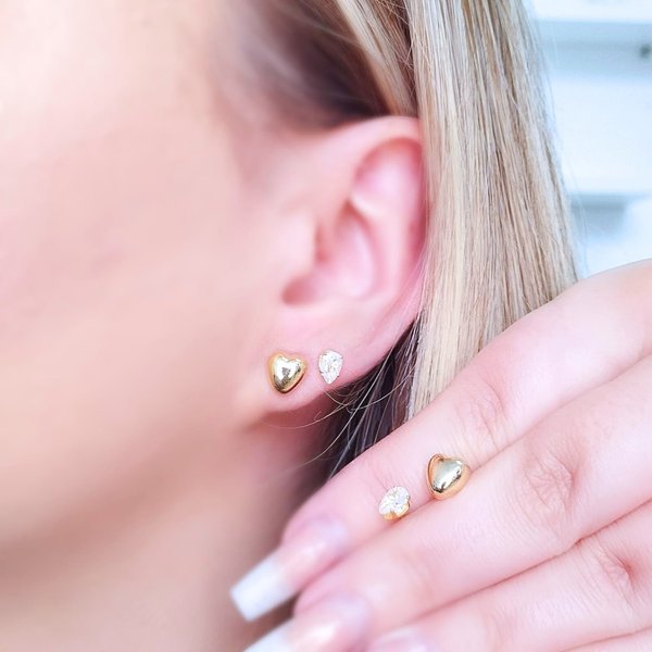 02 dupla de brincos folheado a ouro coracao e zirconia gota