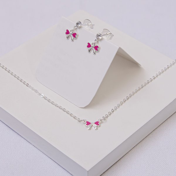 01 conjunto infantil folheado a prata colar e brinco laco rosa