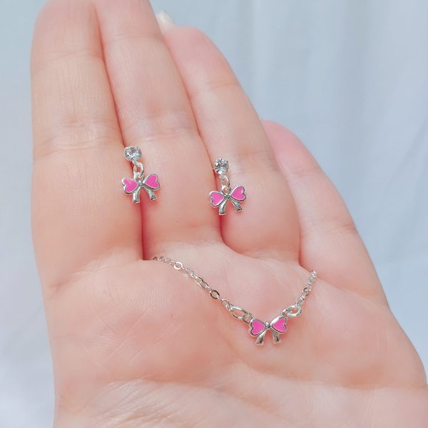 02 conjunto infantil folheado a prata colar e brinco laco rosa