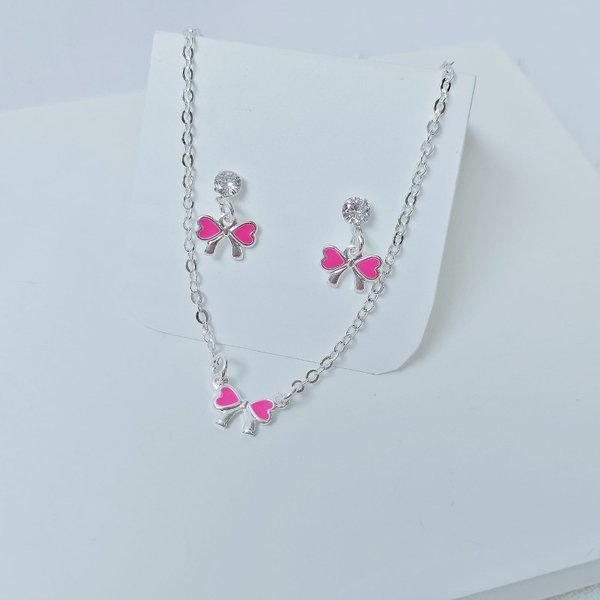 03 conjunto infantil folheado a prata colar e brinco laco rosa
