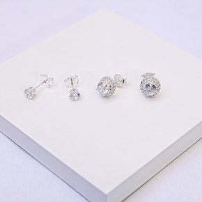 01 dupla de brincos folheado a prata zirconia cristal e solitario cravejado