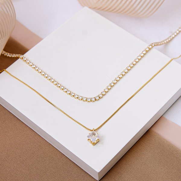 01 colar riviera e ponto de luz folheado a ouro zirconia